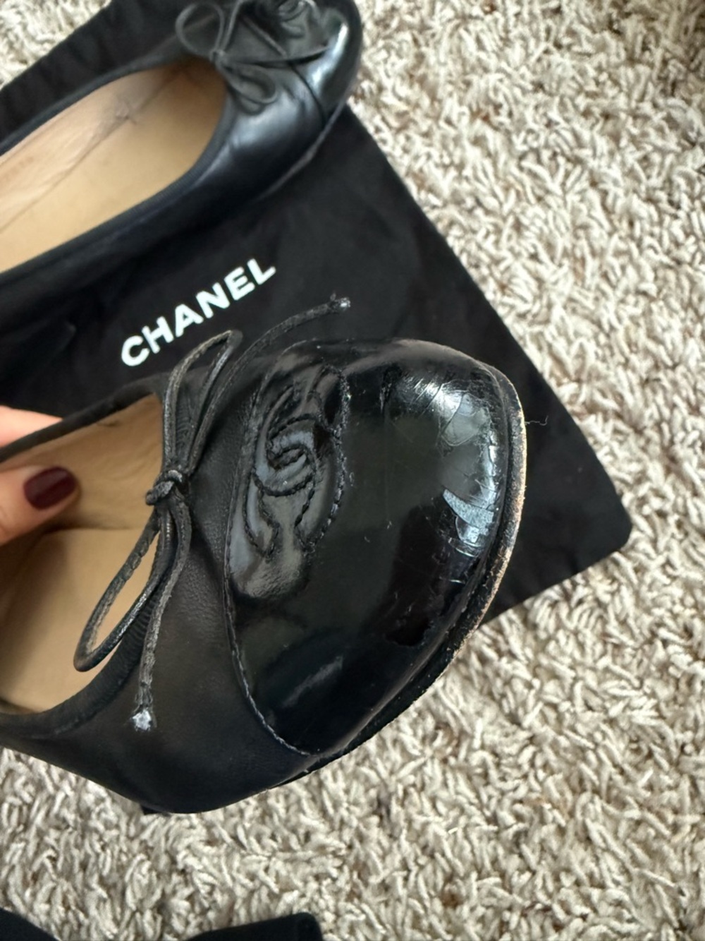 CHANEL Black Leather Ballet Flats with Bow and CC Cap Toe - Picture 12 of 13